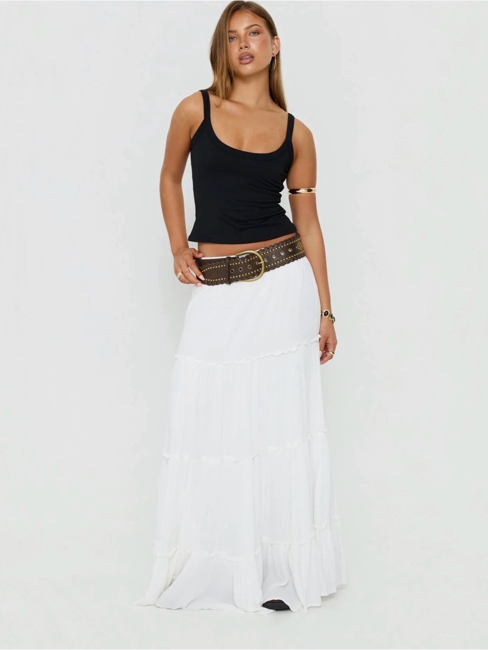 Princess Polly Miriah White Tiered Boho Style Maxi Skirt